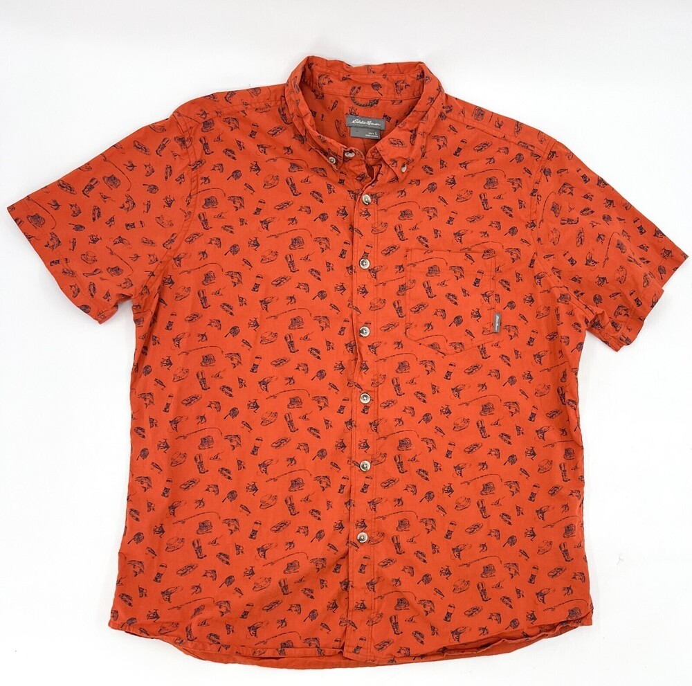Eddie Bauer Shirt Mens Large Orange Button Up Short Sleeve Fishing Bass Pocket